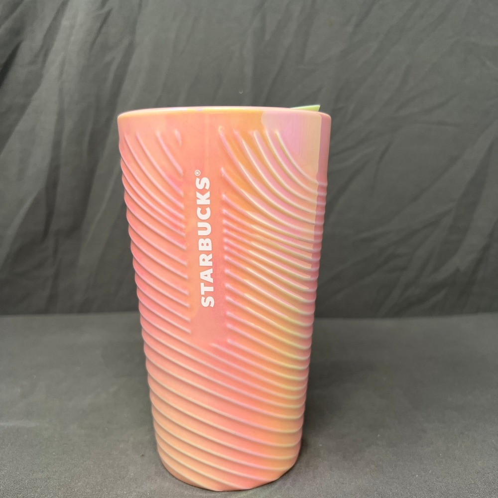Starbucks Ceramic Tumbler 12oz Pink Luster Pastel Double Wall Swirl Mug With Lid